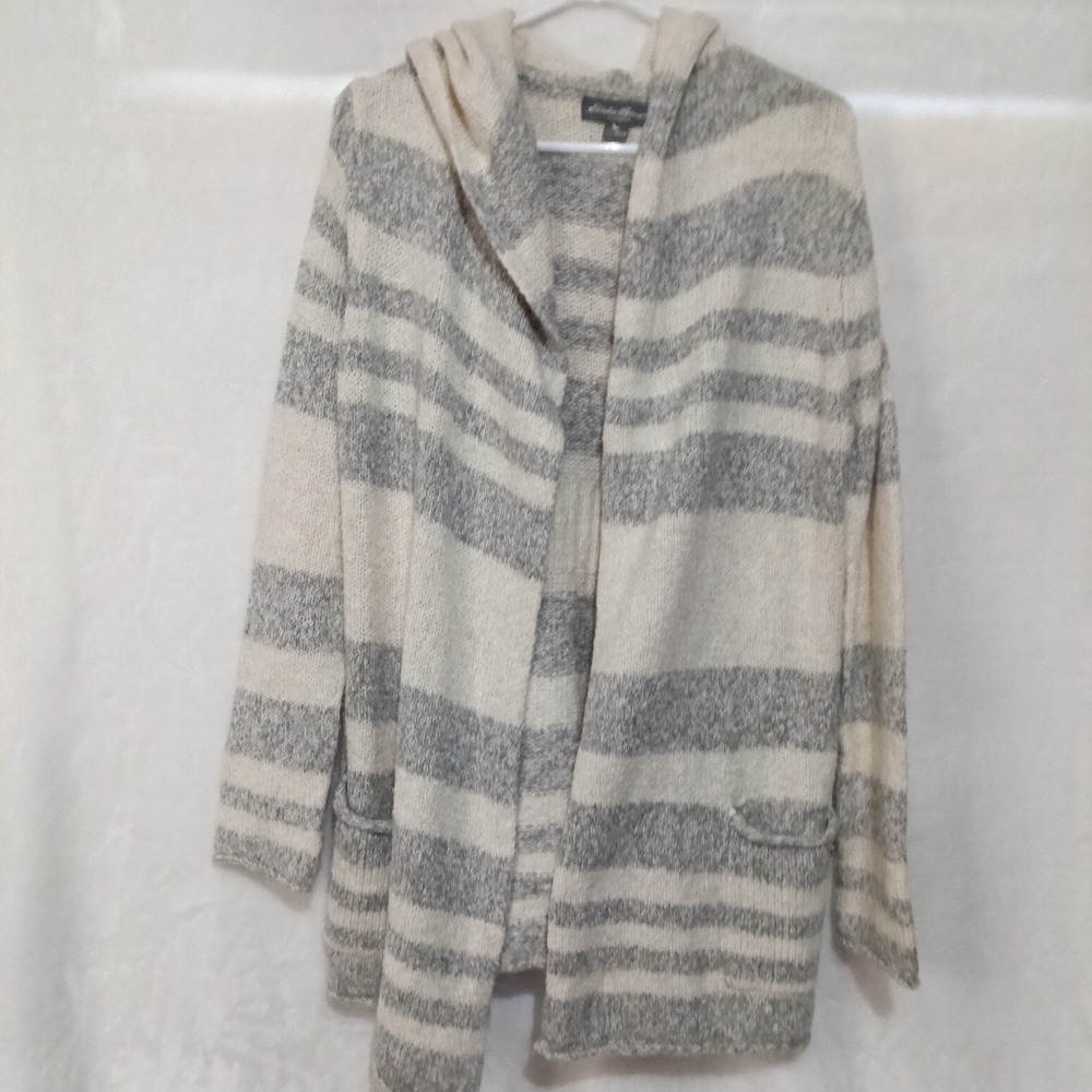 Eddie Bauer Sleepwear Womens XS/S Striped Hooded Cardigan Sweater Grey Cream